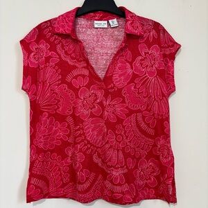 Rachel Zoe Red Pink Linen Floral Short Sleeve Collared V-neck Preppy Blouse Sz S